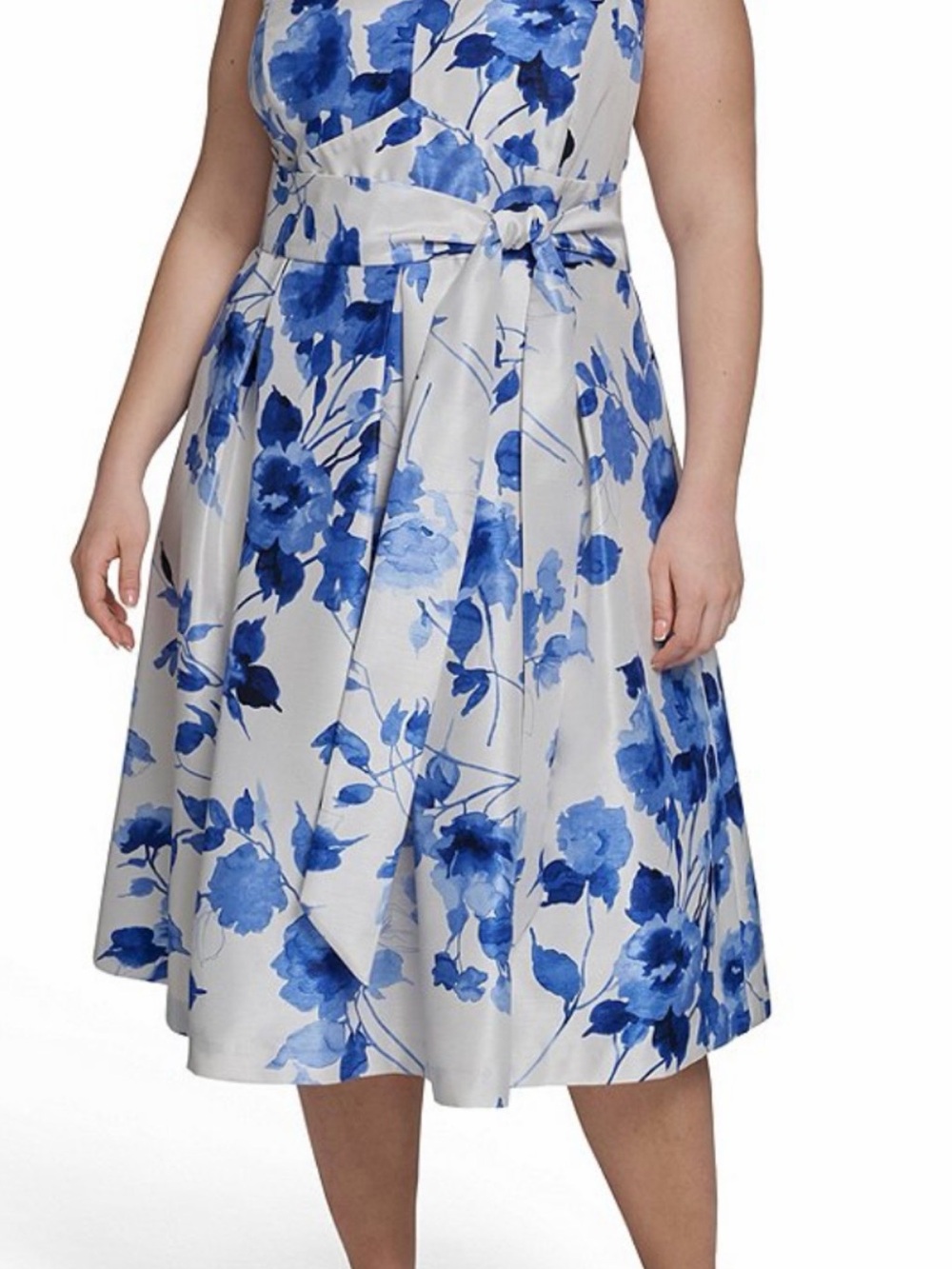 Jessica Howard Blue and White Floral Midi Dress with Tie Waist